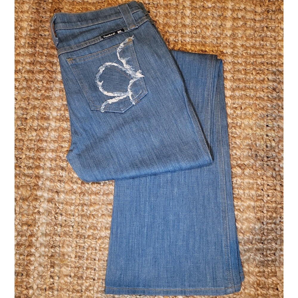 Frankie B Low Rise Y2K Jeans Vintage Flower Wide Leg Patch Pocket Denim 10 34L